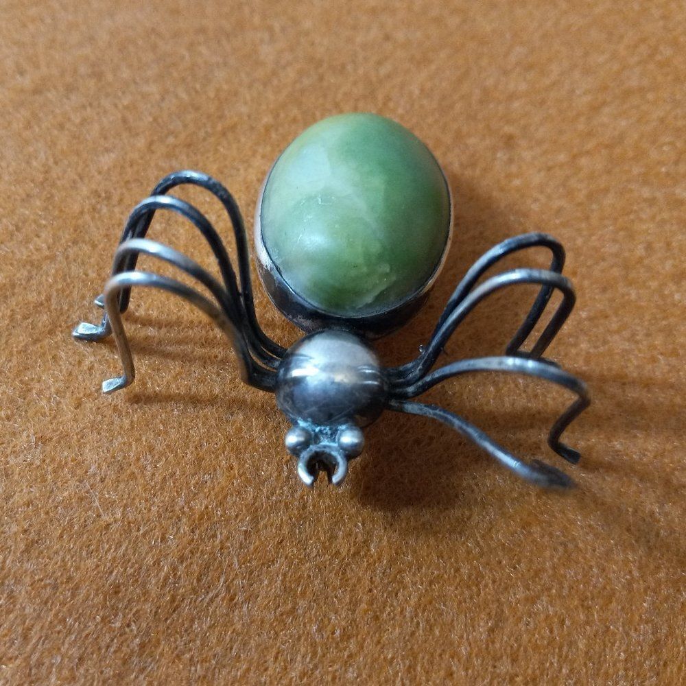 Silver Handmadelg Green Cabochon Spiderbrooch Countrycore Cottagecore Unique